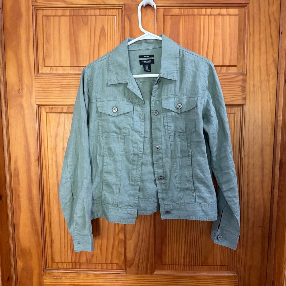 Women's Green Linen Jones and Co Button Down Light Jacket Size Small